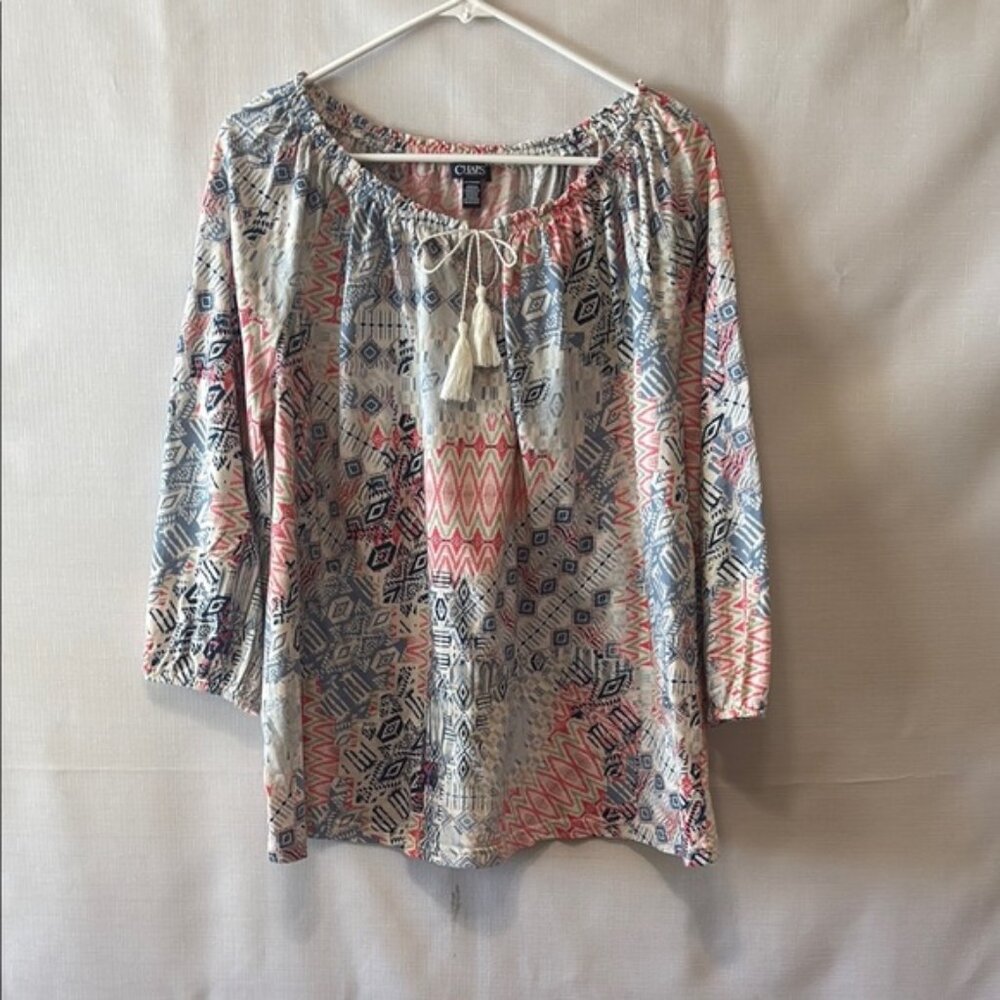 Chaps Pink and Blue 3/4 Sleeve Tie Front Blouse